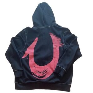 True Religion Mens Zip Up Hoodie Black Red Horseshoe Big T Contrast Stitch 2XL